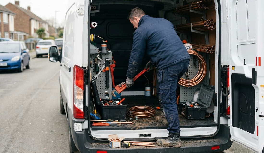 Technik układa narzędzia w przestrzeni ładunkowej vana serwisowego na ulicy.