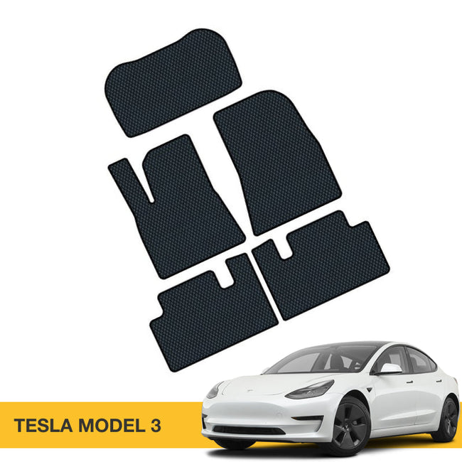 Cztery czarne dywaniki samochodowe o teksturze, zaprojektowane do modelu Tesla 3.