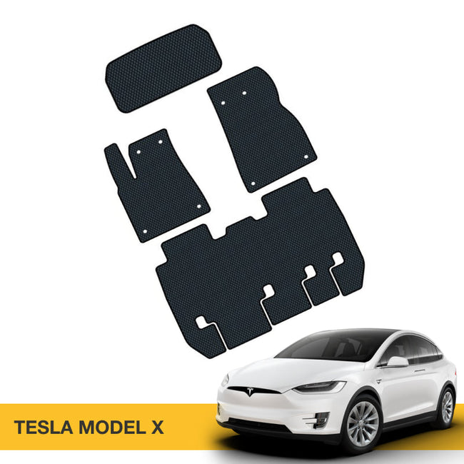 Czarny dywanik EVA do samochodu Tesla Model X, tekstura w drobny wzór.