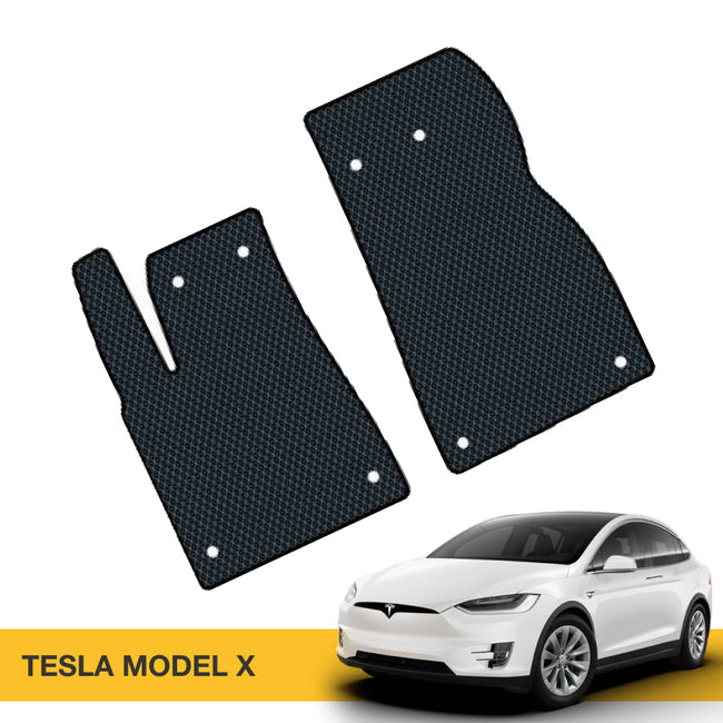 Wielofunkcyjne maty EVA do Tesli Model X, czarne, z teksturowaną powierzchnią.
