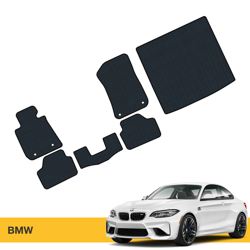 Czarne maty samochodowe EVA z teksturą, idealne do modelu BMW, z klasycznym kształtem.