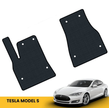Czarne maty EVA do samochodu Tesla Model S z teksturą w kratkę, idealne do ochrony wnętrza auta.