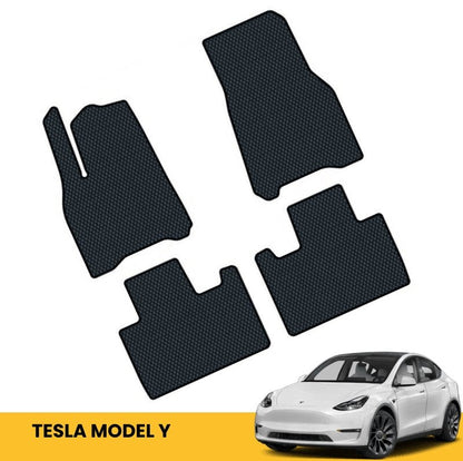 Czarny zestaw mat samochodowych o prążkowanej teksturze do Tesli Model Y.