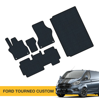 Czarne dywaniki samochodowe EVA z teksturą, dedykowane do Forda Tourneo Custom.