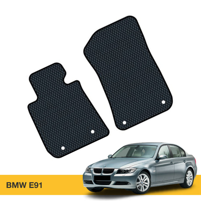 Czarne dywaniki samochodowe EVA o siatkowanej fakturze, idealne do BMW E91.