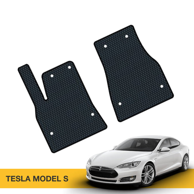 Czarne maty EVA do samochodu, idealne do modelu Tesla S, z gładką fakturą i otworami montażowymi.