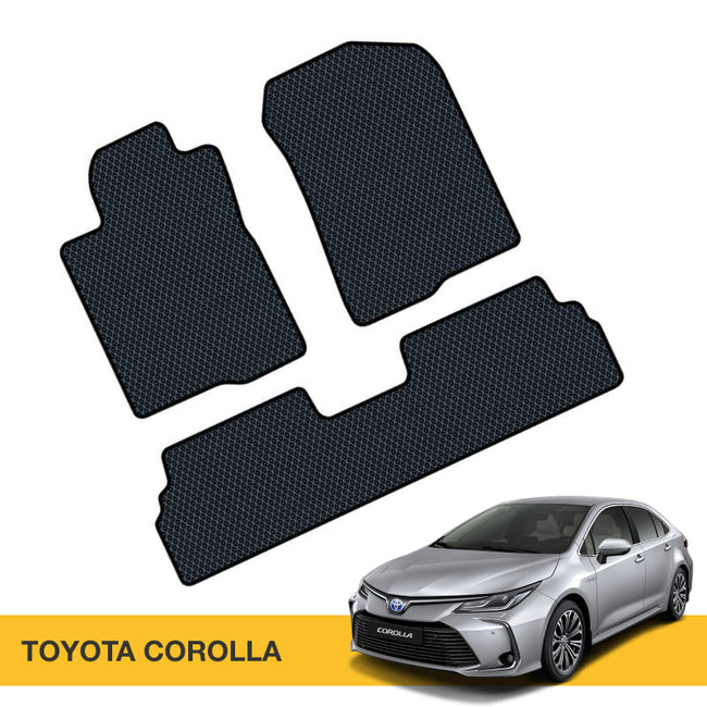 Czarne maty EVA do samochodu z teksturą w diamenty, dedykowane dla Toyoty Corolli.