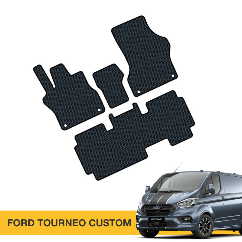 Czarny zestaw mat kauczukowych z teksturą do Forda Tourneo Custom.