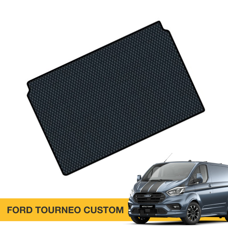 Czarny dywanik samochodowy EVA z wytłoczeniami, dopasowany do Forda Tourneo Custom.