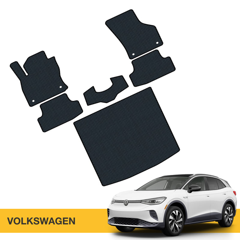 Czarne, teksturowane maty EVA do samochodu Volkswagen, idealne do ochrony podłogi.