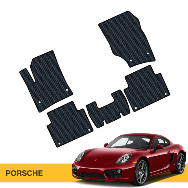 Czarny dywanik samochodowy z teksturą, idealny do modeli Porsche, w komplecie cztery elementy.