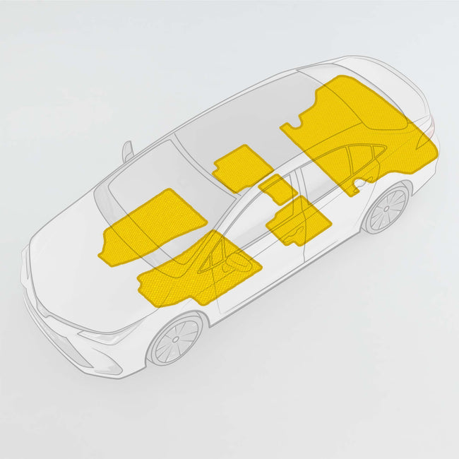 Przezroczysty szkic samochodu z żółtymi matami EVA w środku.