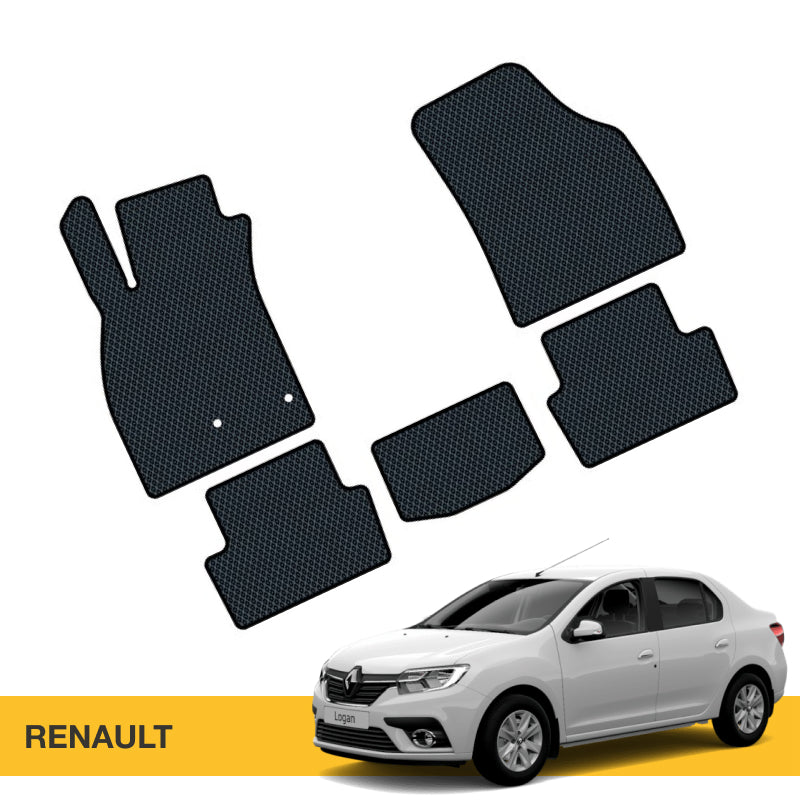 Czarne dywaniki z teksturą, dopasowane do Renault Logan, praktyczne i wytrzymałe.