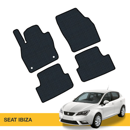 Cztery czarne dywaniki samochodowe z wypukłym wzorem, idealne do modelu Seat Ibiza.