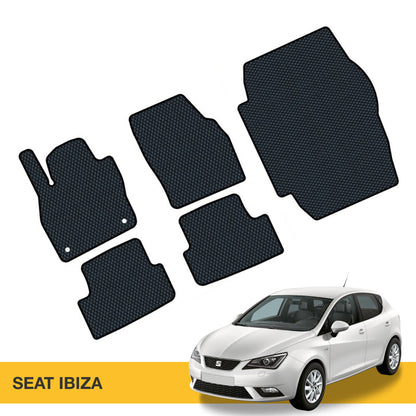 Czarne dywaniki samochodowe z podniesionymi krawędziami, dopasowane do modelu SEAT Ibiza.