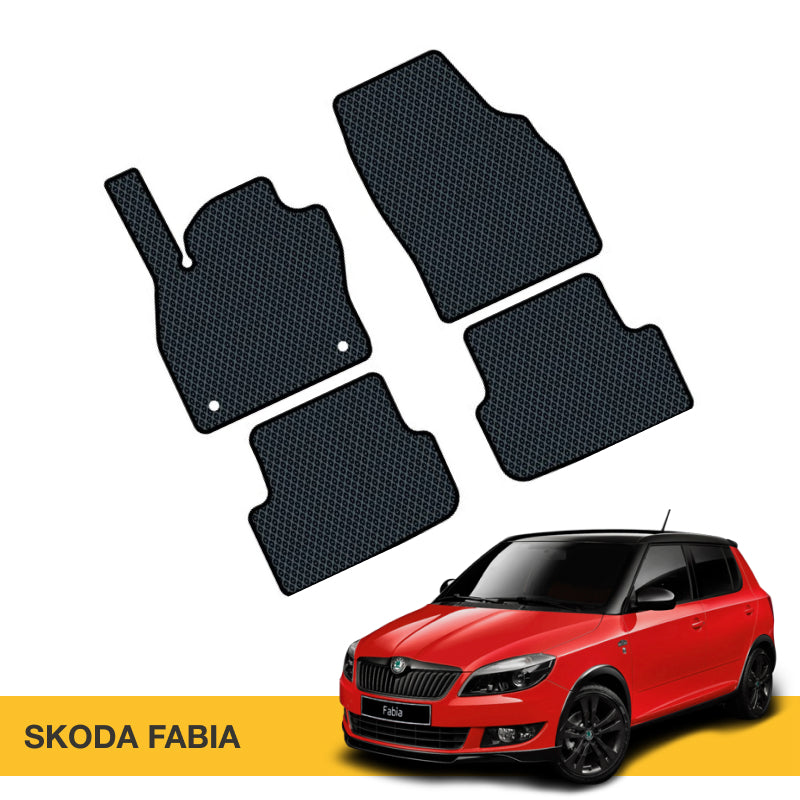 Czarne dywaniki samochodowe EVA z teksturą, idealne do Skody Fabii.
