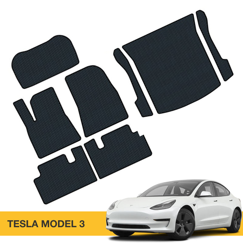 Czarne dywaniki EVA do Tesla Model 3, z teksturą i precyzyjnymi kształtami.