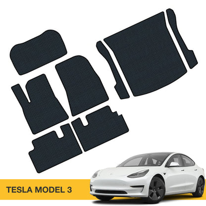Czarne dywaniki EVA do Tesla Model 3, z teksturą i precyzyjnymi kształtami.