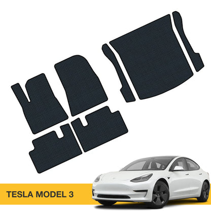 Czarne maty EVA do samochodu Tesla Model 3 o antypoślizgowej fakturze.