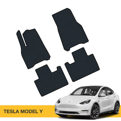Czarna mata EVA do samochodu, dopasowana do modelu Tesla Y, z teksturą w postaci wzoru.