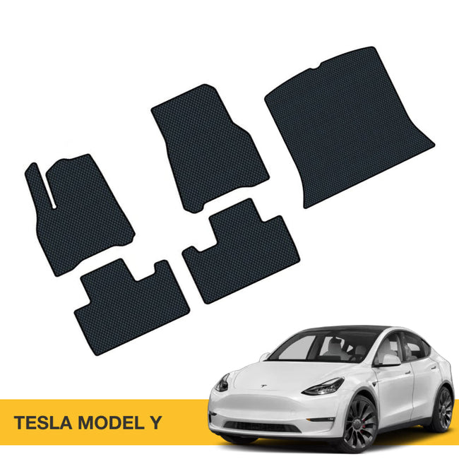 Czarne maty EVA do samochodu Tesla Model Y, z teksturą antypoślizgową.