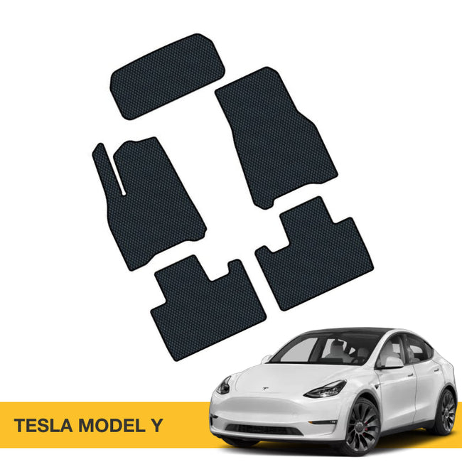 Czarne maty EVA do samochodu, idealne do modelu Tesla Y, z teksturą i dopasowaniem do wnętrza.