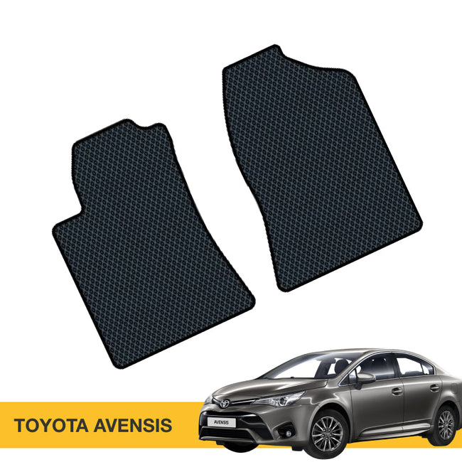 Czarne dywaniki samochodowe z fakturą, dopasowane do modelu Toyota Avensis.