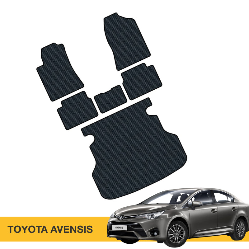 Czarne, gumowe maty samochodowe do Toyoty Avensis w różnych kształtach.