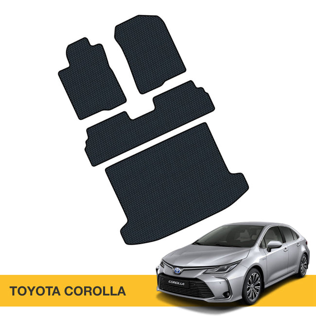 Czarne dywaniki do samochodu o strukturalnej fakturze, idealne do Toyoty Corolli.