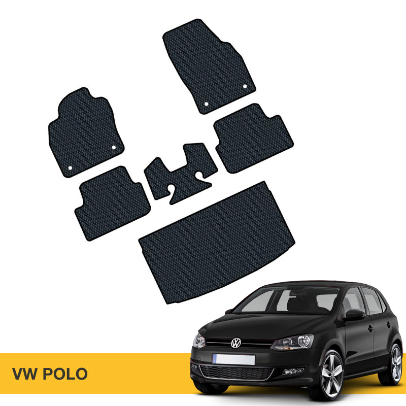 Zestaw mat podłogowych EVA do VW Polo, czarne z fakturą, doskonała ochrona wnętrza auta.